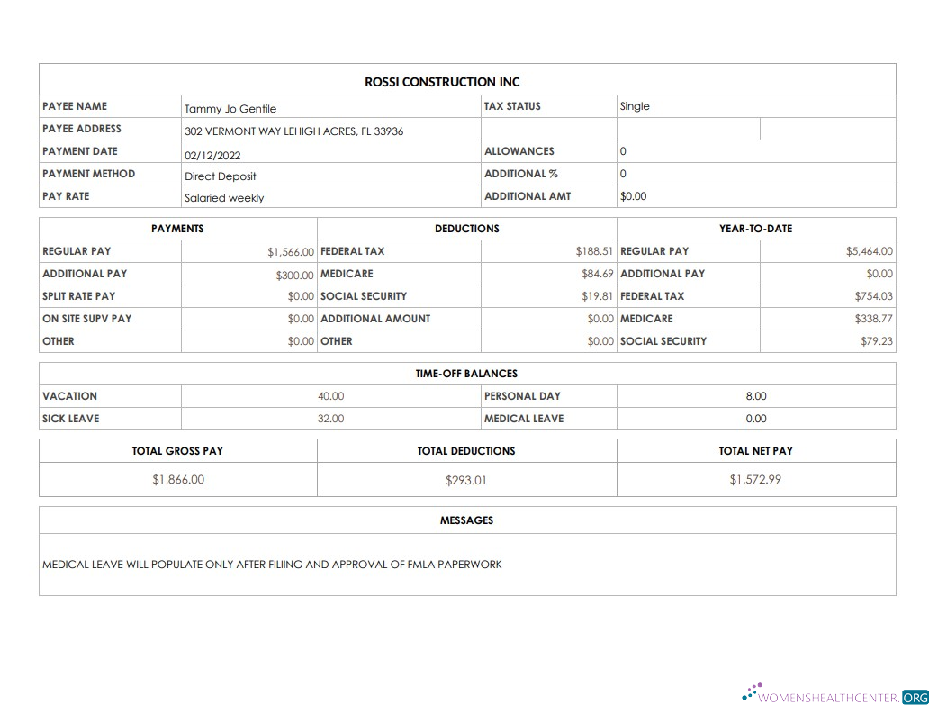 Download Rossi Construction Inc pay stub in PDf ad Word formats Photoshop template